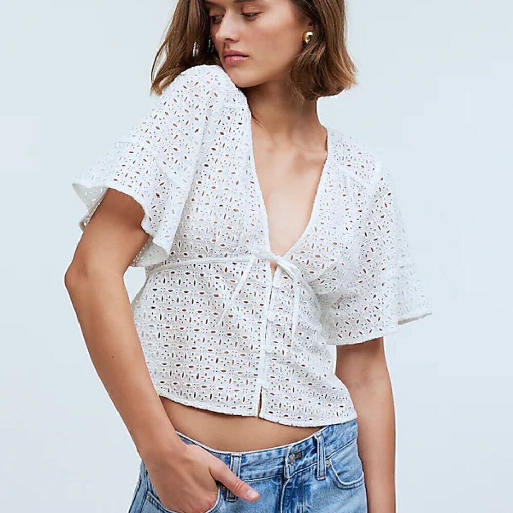 Madewell Tie-Front Cotton Regular Fit Eyelet Top White Size XXS NWT